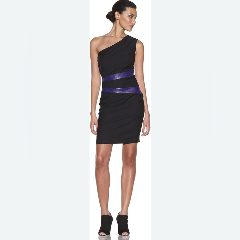 Mark + James by Badgley Mischka One-Shoulder Dress w/ Leather Accents, size 6